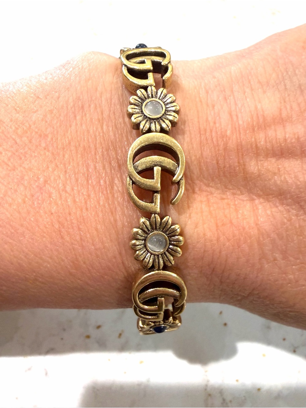 Bronze Tone Floral Link Cabochon Cuff Bracelet - Women's Fashion Jewelry